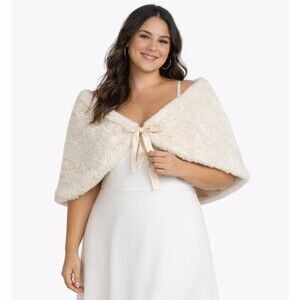 Faux Fur Bridal Wrap Shawl Ivory Satin Lined Wedding Stole